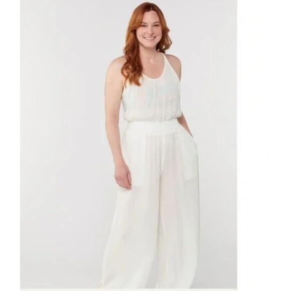 Prana Pants - PrAna Fernie Jumpsuit Womens Large White Tencel Gauze Wide Leg Cruise Vacation